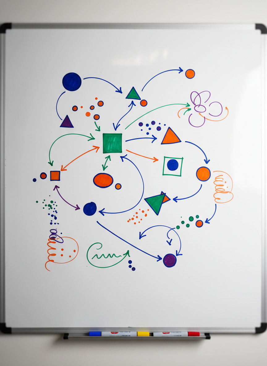 A minimalist whiteboard surface fills the frame, covered not with text but with clean, colorful geometric shapes, arrows, and abstract flow patterns representing research ideas and project planning. Several fine-tip markers with vibrant caps lie at the base on a narrow metal tray, their reflections faintly visible on the glossy board. Soft, even studio lighting eliminates harsh shadows, creating a bright, focused atmosphere. Photographic realism with a straight-on composition emphasizes clarity and structure, while a shallow depth of field gently blurs the board edges. The mood is analytical and organized, evoking a university student mapping out research concepts in a visually thoughtful, professional way.
