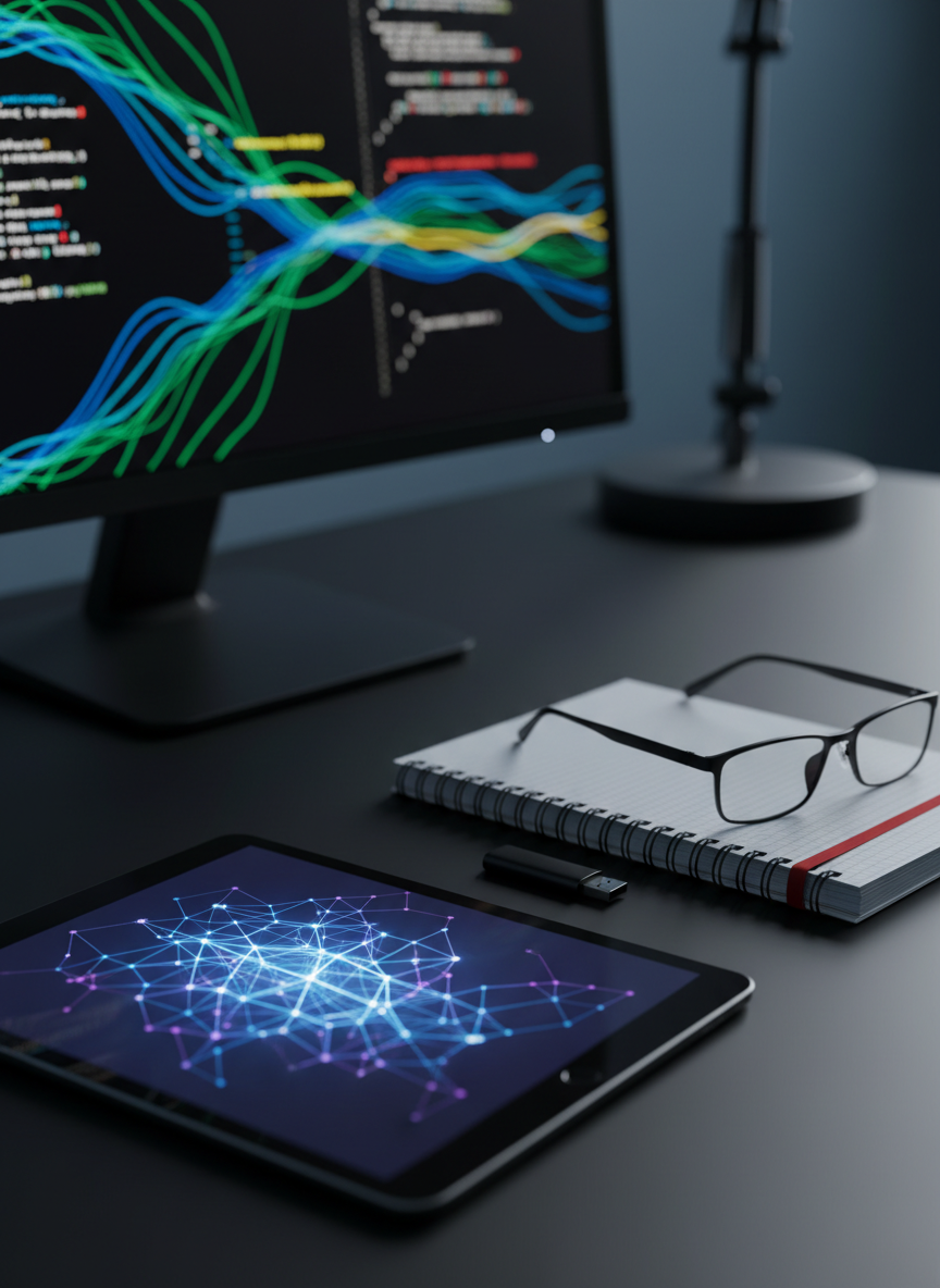 A collection of research tools arranged with deliberate precision on a matte black tabletop: a tablet with a glowing abstract network diagram, a closed graph-paper notebook with a fabric bookmark, a pair of minimalist black-framed glasses, and a slim USB drive. Behind them, a blurred monitor shows abstract, colorful code-like patterns without readable text. Cool, directional desk lighting from the upper right creates crisp highlights and defined shadows, giving the scene a modern, tech-oriented academic feel. Photographic realism, shot from a three-quarter angle with medium depth of field, produces a clean, professional composition that suggests a university student engaged in data-driven research and analysis.