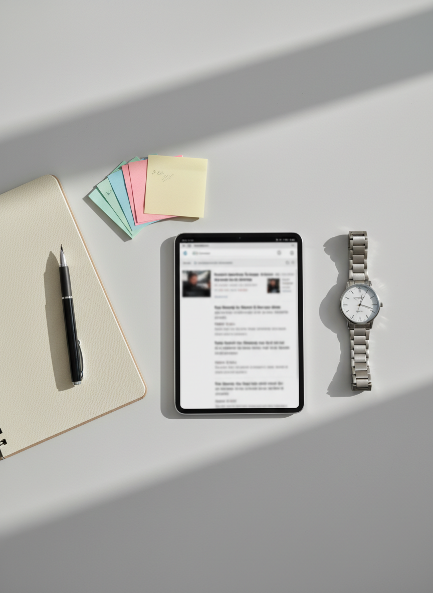 A close-up overhead shot of neatly arranged academic materials on a pale gray desk: a partially open notebook with blank cream pages, sticky notes in muted pastel colors, and a slim tablet displaying an out-of-focus academic journal interface with non-legible blocks suggesting articles and citations. A simple analog wristwatch with a metal band rests beside them, hinting at time management. Soft morning light flows in from the top of the frame, casting gentle, elongated shadows and a calm, reflective tone. Photographic realism with carefully balanced composition and negative space conveys the quiet discipline and everyday reality of an average university student working on research tasks.