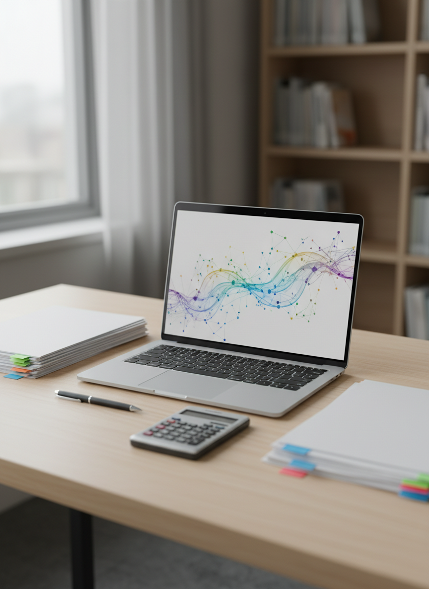 An organized study workspace featuring an open laptop displaying an abstract data visualization of colorful blurred graphs and nodes, surrounded by neatly arranged research notes represented as blank white sheets with color-coded sticky tabs but no legible writing. A slim black pen and a closed scientific calculator sit nearby on a light wood desk. Soft overcast daylight filters in from the left, creating even, shadow-free illumination and a professional atmosphere. Photographic realism from a slightly elevated angle emphasizes the layout of the workspace. The background fades into subtle bokeh shelves with indistinct books, reinforcing a quiet, focused academic environment for a student researcher.