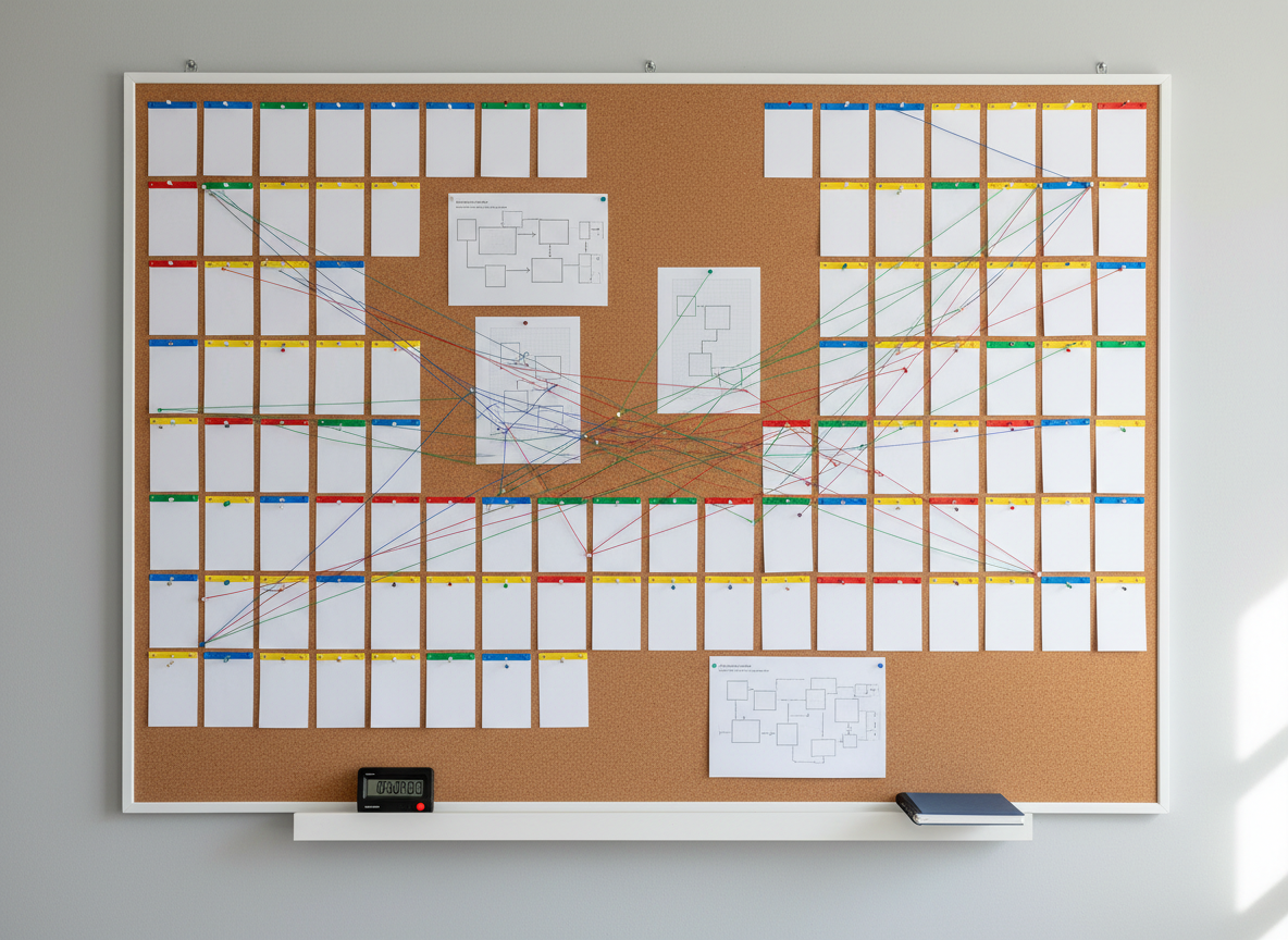 A large, clean cork board mounted on a light gray wall, covered with neatly pinned blank index cards, color-coded tabs, and a few printed pages showing only abstract block diagrams and faint grids, no readable text. Colored threads connect some cards, forming a visually striking research map. A small digital timer and a closed notebook sit on a narrow shelf beneath. Soft, indirect daylight from the right creates subtle texture in the cork and gentle shadows from the pins and threads. Photographic realism, shot straight-on with moderate depth of field, conveys systematic thinking and project organization typical of a student research portfolio.