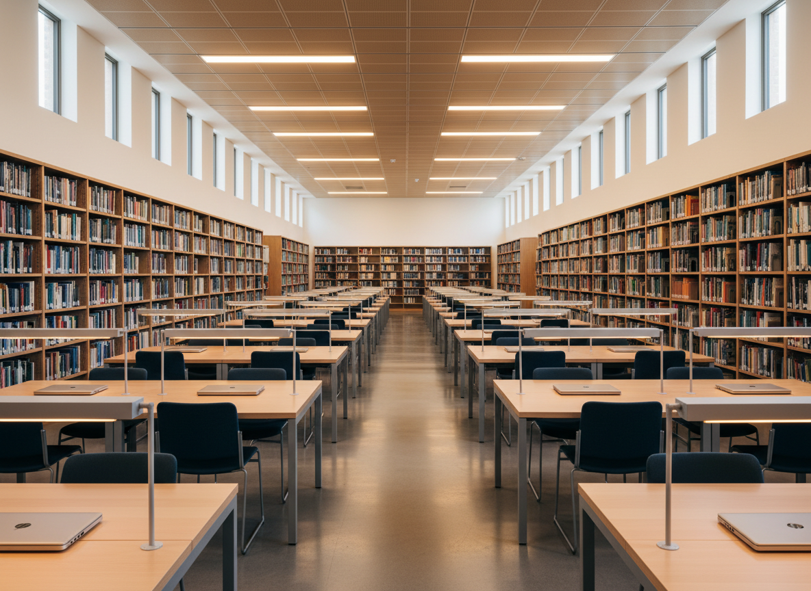 A modern university library interior with long rows of light wood desks, each equipped with small personal lamps and closed laptops, all unoccupied. The shelves along the sides are filled with books whose spines show only color and pattern, no readable titles. Warm overhead lighting combines with faint natural light from high windows, creating a balanced, studious glow. Photographic realism from a wide-angle, eye-level perspective emphasizes depth and repeating lines of desks, suggesting a dedicated environment for focused research. The mood is professional yet approachable, capturing the everyday academic setting of a typical university student.